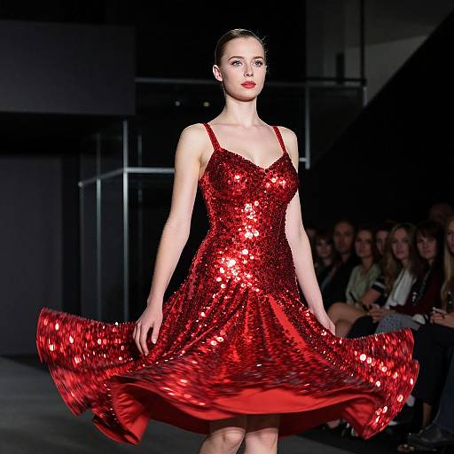 Photograph of a fair-skinned woman with red lipstick, wearing a sparkling red sequin dress, walking on a dark runway, holding her skirt out