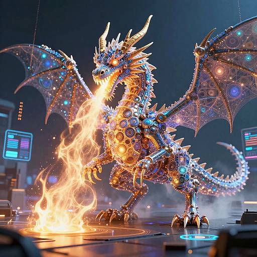 Digital artwork of a glowing, robotic dragon with neon blue and orange circuits, fiery breath, and large wings, standing in a futuristic, neon-lit