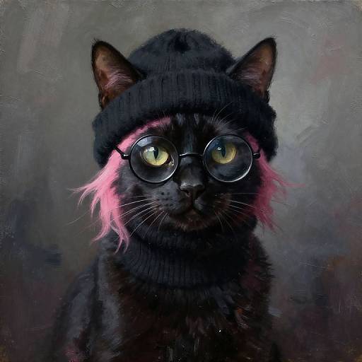 Digital painting of a black cat with neon pink hair, round glasses, and a black beanie, against a textured gray background.