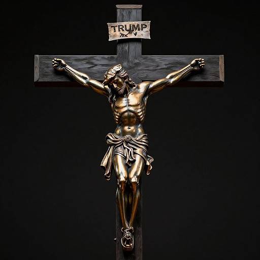 Photorealistic digital rendering of a shiny, metallic, golden Jesus Christ crucified on a dark wooden cross, with 