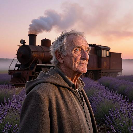 Photograph of an elderly man with white hair, wearing a brown hoodie, standing in a lavender field at sunset, with a steam locomotive emitting smoke