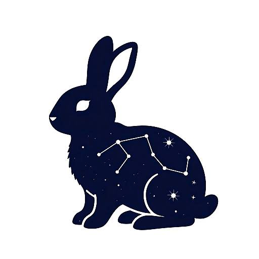 Silhouette of a sitting rabbit with a star and constellation pattern on its body, in solid dark blue against a white background.