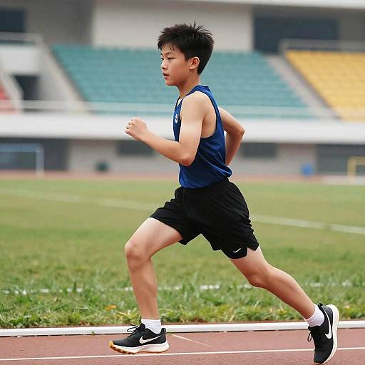 Photograph of an Asian male runner in a blue sleeveless shirt, black shorts, and black Nike shoes, running on a track field with green grass