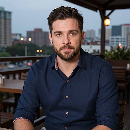 Photograph of a handsome bearded man with short dark hair, wearing a navy blue button-up shirt, seated outdoors at dusk, cityscape in the