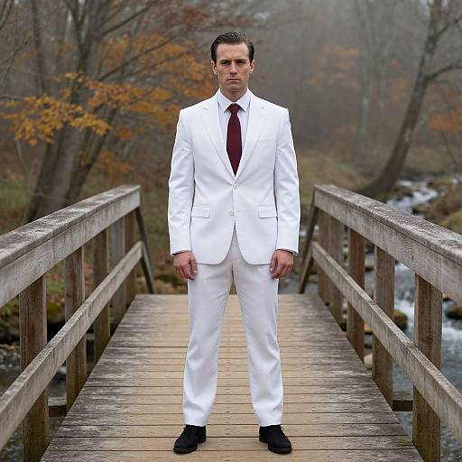 Serious Man on Autumn Wooden Bridge