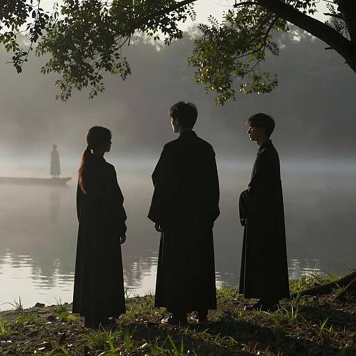 Mysterious Figures by a Misty Lake