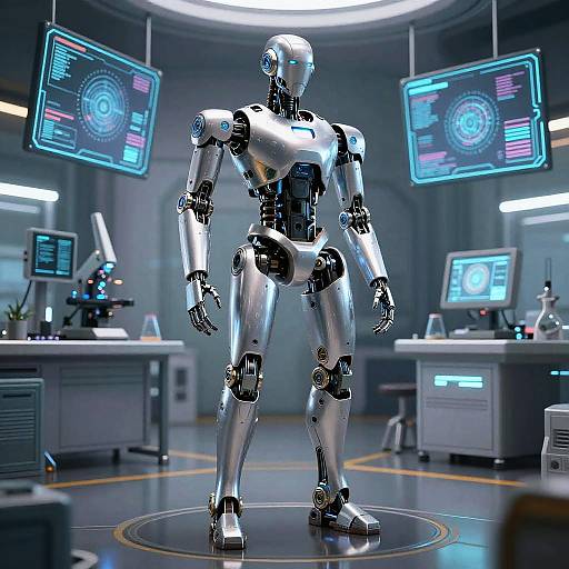 Photorealistic CGI of a shiny, silver humanoid robot standing in a futuristic lab with neon blue holographic screens and lab equipment.