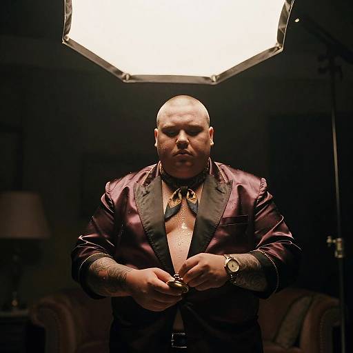 Brooding Man in Silk Smoking Jacket Under Softbox Light
