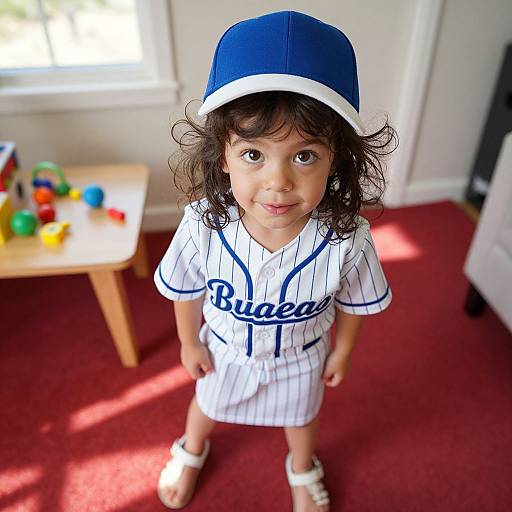 Photograph of a curly-haired toddler in a blue baseball cap, white pinstripe baseball shirt with 