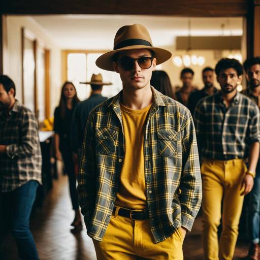 Stylish young man in yellow pants and wide-brimmed hat