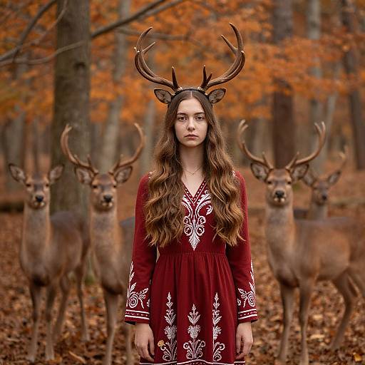 Photograph of a young woman with long brown hair, wearing a red dress with white embroidery and deer antlers, standing in an autumn forest with three