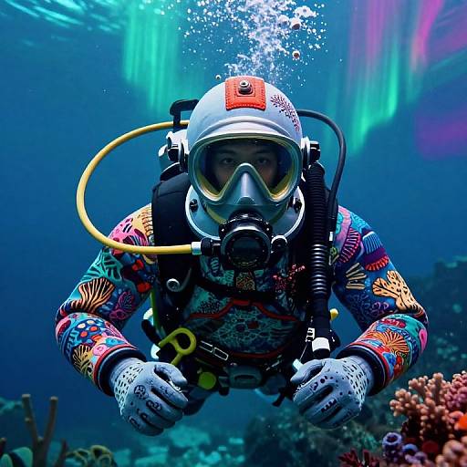 Photograph of a colorful, tattooed scuba diver in a helmet and mask, surrounded by underwater corals, with vibrant northern lights above.