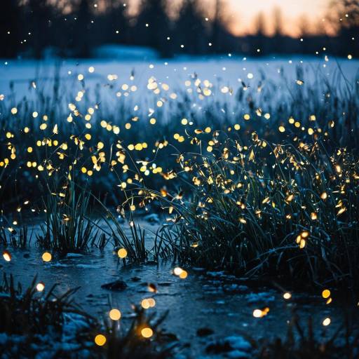 Swarm of Fireflies Over Frozen Pond at Twilight Swarm of Fireflies Over Frozen Pond at Twilight