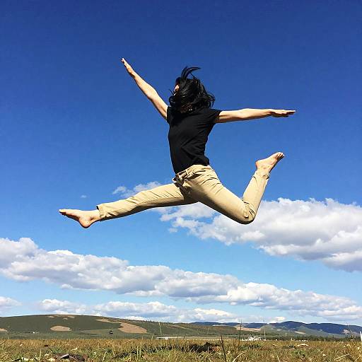 Photograph of a person with black hair, wearing a black shirt and beige pants, jumping joyfully in an open field against a bright blue sky with