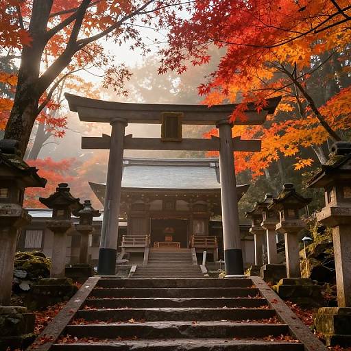 Photograph of a traditional Japanese Shinto shrine with a large torii gate, surrounded by vibrant red-orange autumn leaves, stone lanterns, and steps