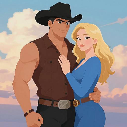 Cowboy Couple Under Colorful Sky