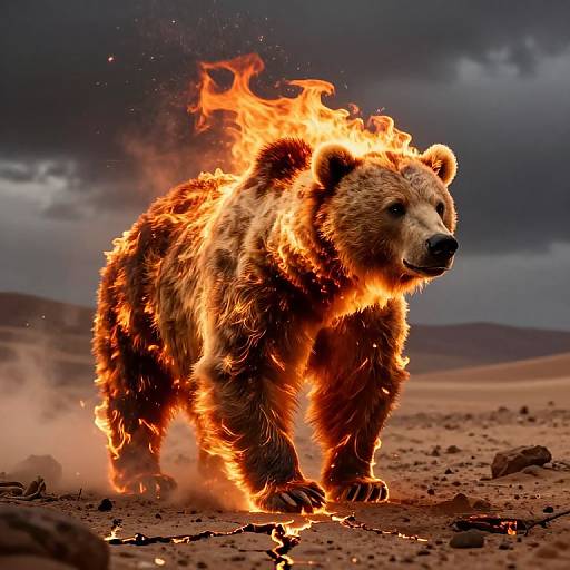 Photograph of a roaring bear engulfed in bright orange flames, standing on a rocky desert terrain under a dark, stormy sky.