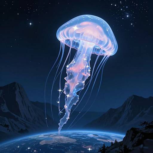 Glowing blue jellyfish with sparkling tentacles floats above a planet against a starry night sky and mountainous landscape. Digital art.
