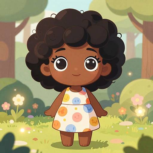 Cartoon drawing of a smiling, dark-skinned girl with curly black hair, wearing a white dress with colorful polka dots, standing in a sunny