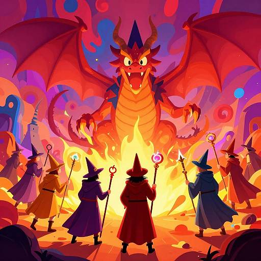 Digital illustration of a red dragon with wings spread, roaring over a fiery pit, surrounded by six witch-like figures with staffs. Vibrant, surreal