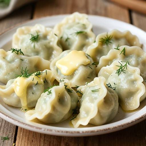 Photograph of plump, creamy dumplings garnished with fresh dill, on a white plate, set on a wooden table.