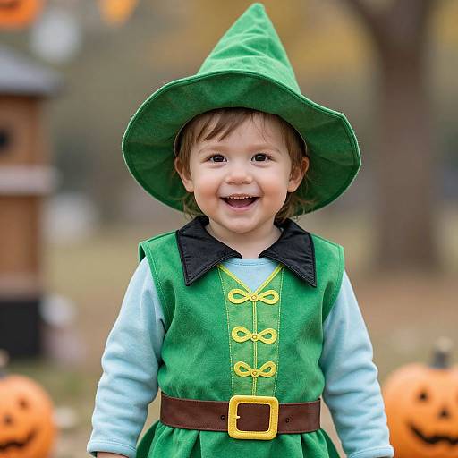 Photograph of a smiling young child in a green elf costume with a pointed hat, yellow buttons, and brown belt, standing outdoors among carved pumpkins
