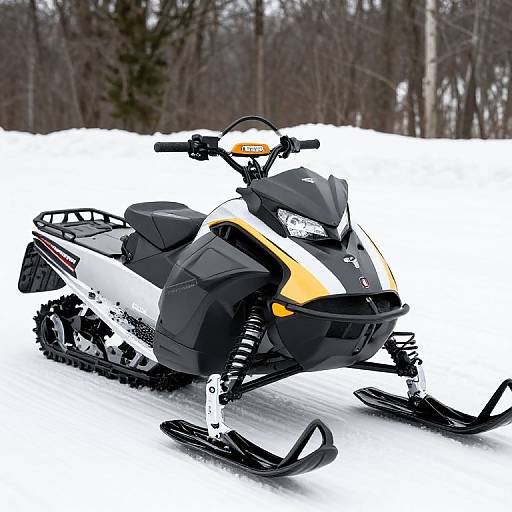 Photograph of a black and yellow snowmobile with white accents, positioned diagonally on a snowy forest trail, surrounded by leafless trees.
