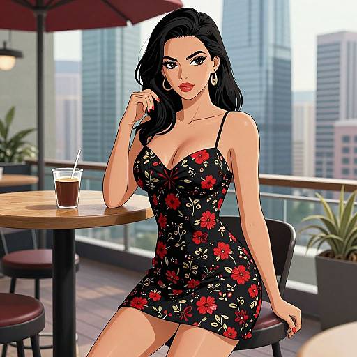 Digital illustration of a beautiful woman with black hair, wearing a black floral dress, sitting at an outdoor café with city skyline. She has hoop earrings,
