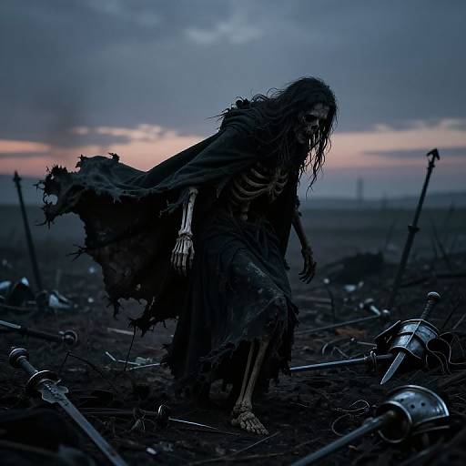 Digital artwork of a shadowy, skeletal warrior with long, tangled hair, crouching amidst a battlefield of scattered armor and weapons at dusk.