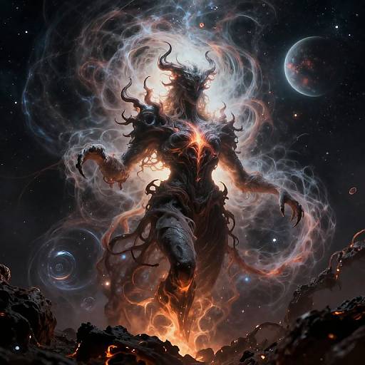 Digital artwork of a demonic, horned creature with glowing eyes, surrounded by swirling smoke and fire, rising from a rocky, fiery landscape in a star