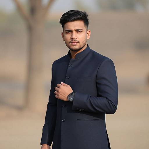 Photograph of a handsome South Asian man with short black hair, wearing a black button-up coat, standing outdoors with a blurred tree background. He has