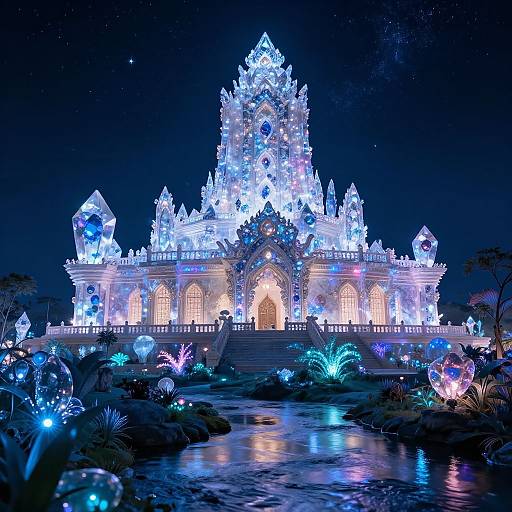 Photograph of a glowing, ice-blue, intricately detailed castle illuminated at night, surrounded by illuminated plants and a reflective waterway.