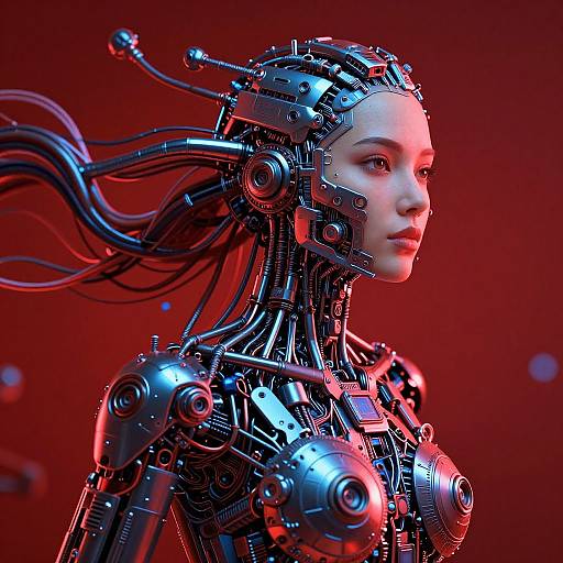 Cybernetic woman with intricate metallic components, glowing red lights, and flowing black wires, set against a vibrant red background. CGI artwork.
