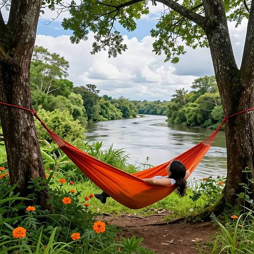 Photograph of a woman with long brown hair in an orange hammock, reading, suspended between two trees by a serene river with lush greenery and