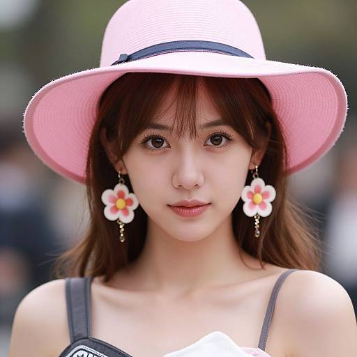 Photograph of an East Asian woman with fair skin, brown eyes, and long brown hair, wearing a white sunhat with pink brim, flower