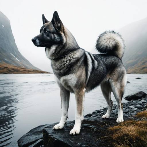 Norwegian Elkhound in Foggy River Valley