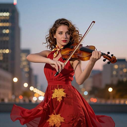 Photograph of a curly-haired woman in a red, autumn-leaf adorned dress playing a violin on an urban twilight rooftop.