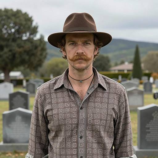 Man in Geometric Shirt at Cemetery