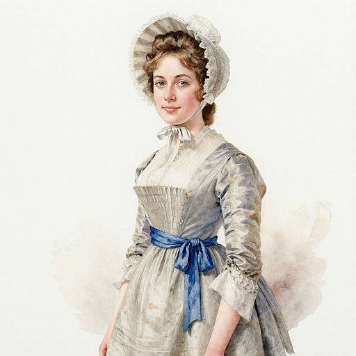 Digital painting of a fair-skinned woman in a Victorian-style silver dress with blue ribbon, white lace cap, and soft curls. White background.
