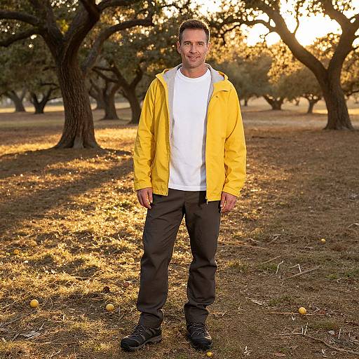 Photograph of a smiling middle-aged man with short dark hair, wearing a yellow jacket, white shirt, black pants, and black shoes, standing in