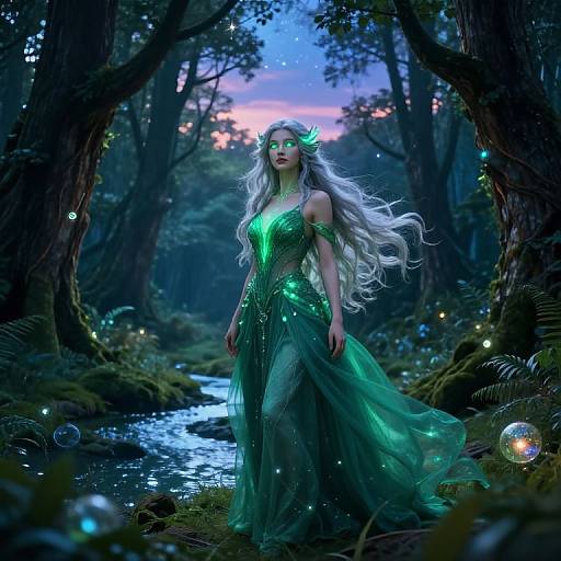 Digital fantasy artwork: Ethereal woman with long white hair, glowing green dress, and leafy crown, stands in enchanted forest by twilight stream, surrounded