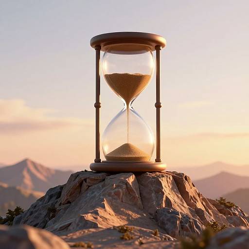 Photograph of a wooden hourglass on a rocky mountain peak at sunset, with mountains in the background and a golden sky.