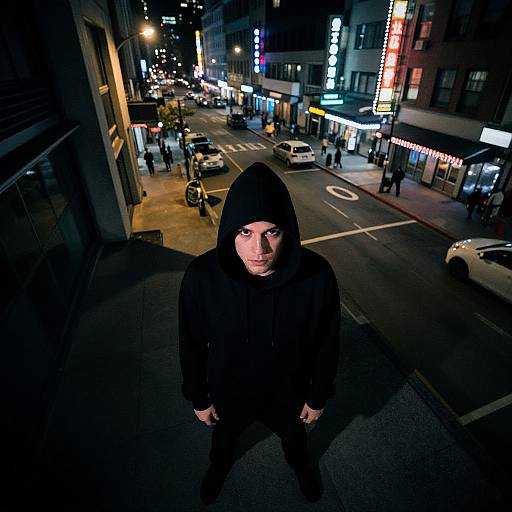 Nighttime photograph of a man in a black hoodie and hat, standing on a dimly lit city street, surrounded by brightly lit buildings and neon signs