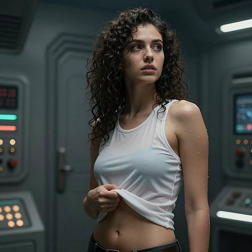 Futuristic Woman in Dimly Lit Room