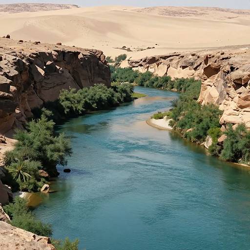 Photograph of a winding, blue river flowing through a rocky desert canyon with lush green trees on both sides.