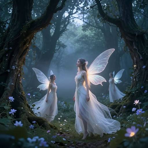 Magical forest scene: three ethereal fairy women with glowing wings in white gowns, illuminated by soft blue light, surrounded by flowers and misty