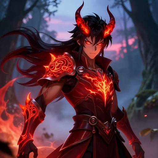 Digital anime-style artwork of a muscular, black-haired demon warrior with glowing red horns and fiery armor, standing in a misty forest.