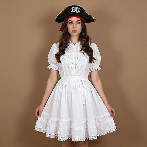Photograph of a woman with long brown hair, wearing a black pirate hat with a white skull, and a white, lace-trimmed dress,