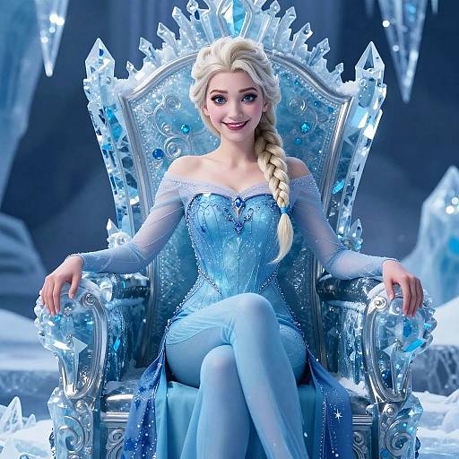 Digital artwork of Elsa from Frozen, sitting on an ice throne with intricate crystal details, wearing a blue, ice-patterned gown and long braid,