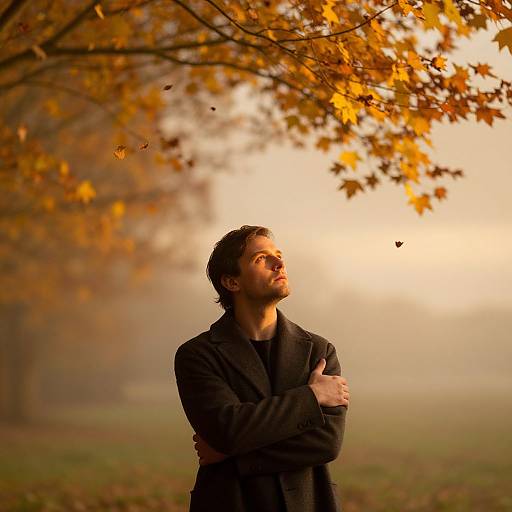 Photograph of a bearded man with dark hair, wearing a black jacket, standing in a foggy autumn park, gazing upward at golden leaves